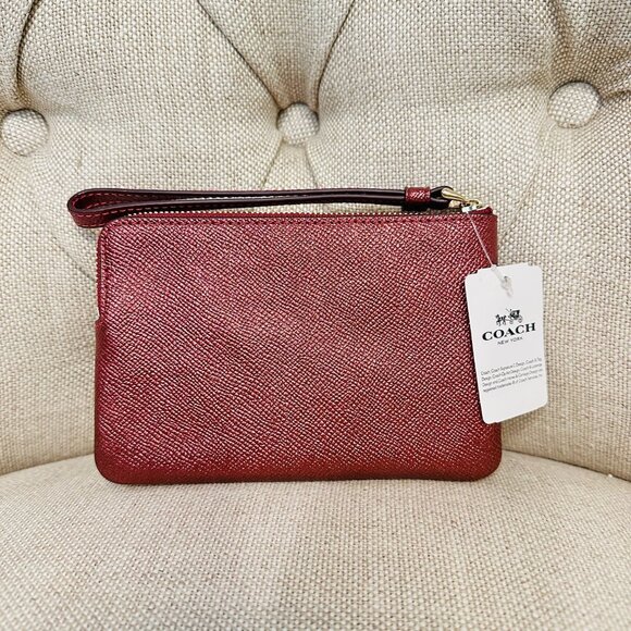 NWT COACH F21070 Crossgrain Leather Small Corner Zip Wristlet Metallic Cherry - Picture 2 of 2